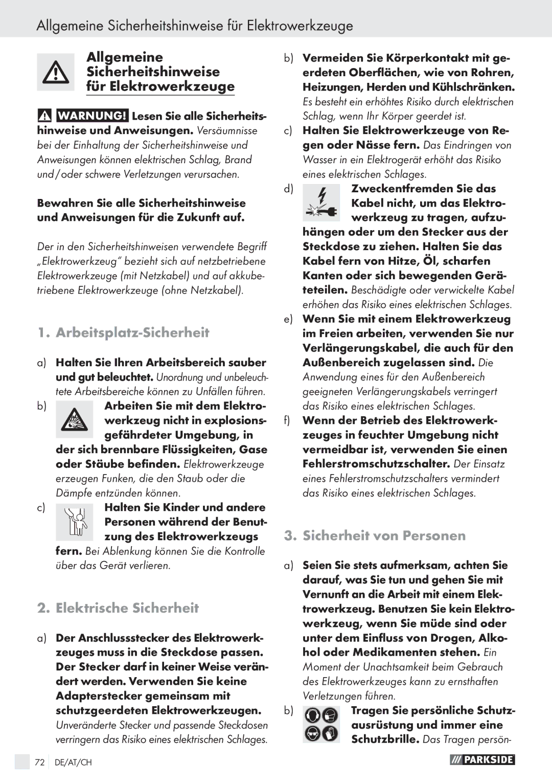 Parkside PABS 18 A1 Allgemeine Sicherheitshinweise für Elektrowerkzeuge, Arbeitsplatz-Sicherheit, Elektrische Sicherheit 