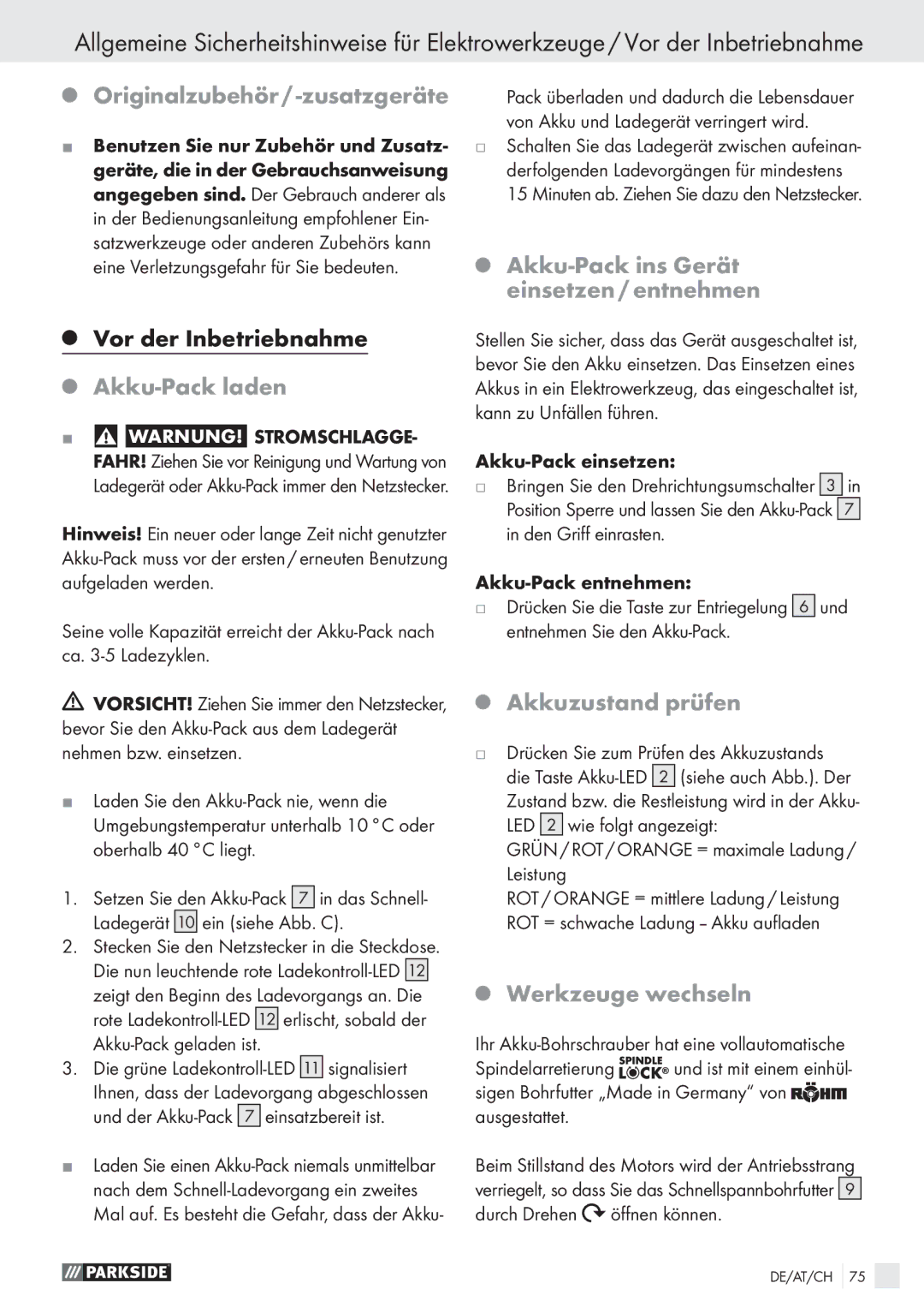 Parkside PABS 18 A1 manual Originalzubehör / -zusatzgeräte, Akku-Pack laden, Akku-Pack ins Gerät einsetzen / entnehmen 