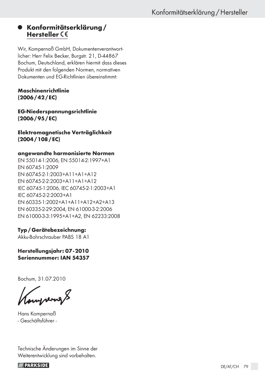 Parkside PABS 18 A1 manual Konformitätserklärung / Hersteller, Konformitätserklärung Hersteller 