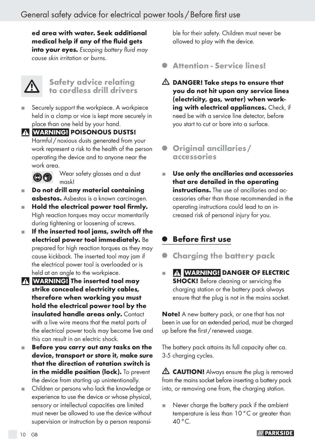 Parkside PABS 18 A1 Safety advice relating to cordless drill drivers, Original ancillaries / accessories, Before ﬁrst use 