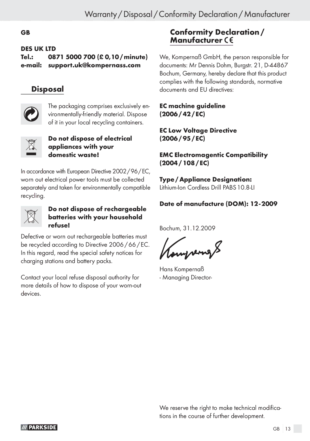 Parkside PABS10.8-LI Warranty / Disposal / Conformity Declaration / Manufacturer, Conformity Declaration Manufacturer 