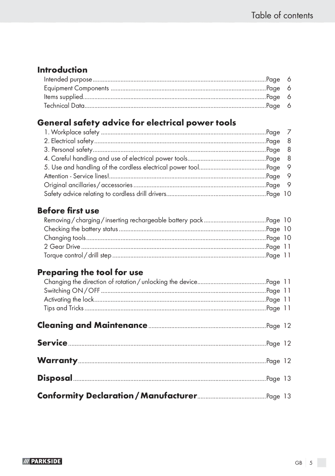 Parkside PABS10.8-LI manual Table of contents 