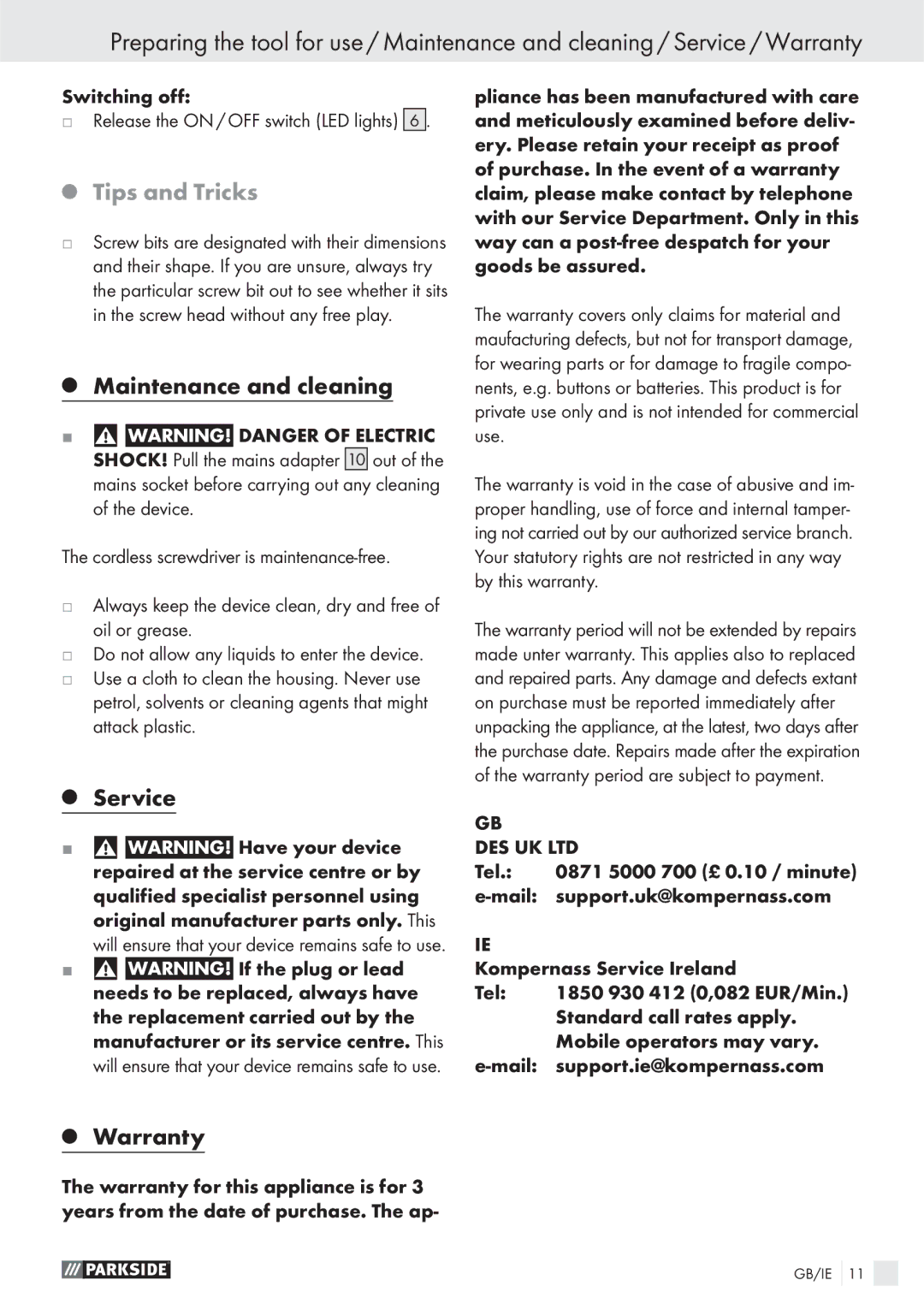 Parkside PAS 3.6 A1 manual Tips and Tricks, Maintenance and cleaning, Service, Warranty 