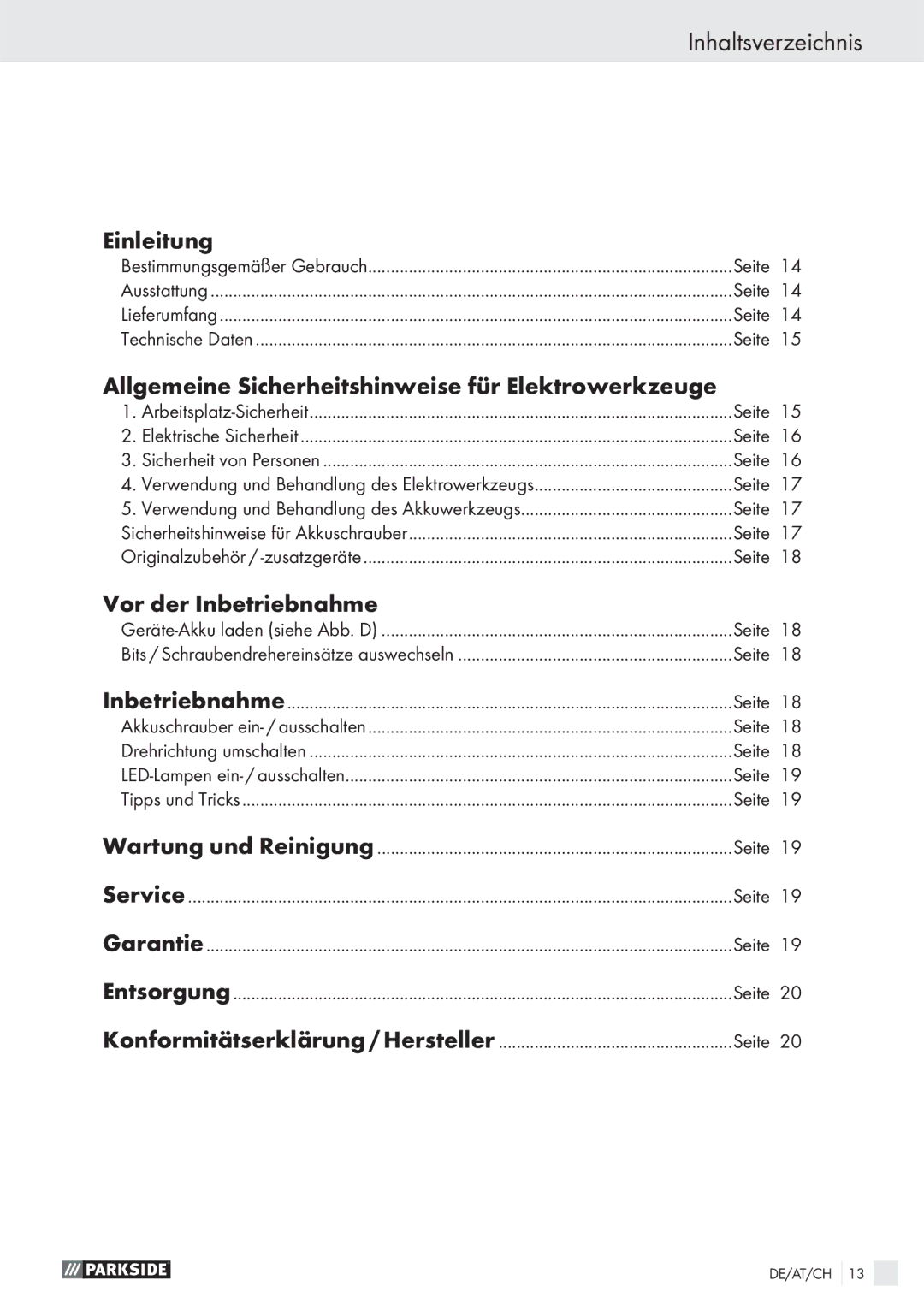 Parkside PAS 3.6 A1 manual Inhaltsverzeichnis, Einleitung, Allgemeine Sicherheitshinweise für Elektrowerkzeuge 