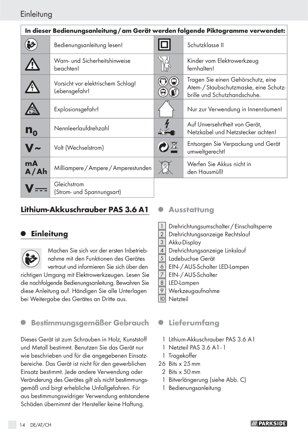 Parkside manual Lithium-Akkuschrauber PAS 3.6 A1 Einleitung, Ausstattung, Bestimmungsgemäßer Gebrauch Lieferumfang 