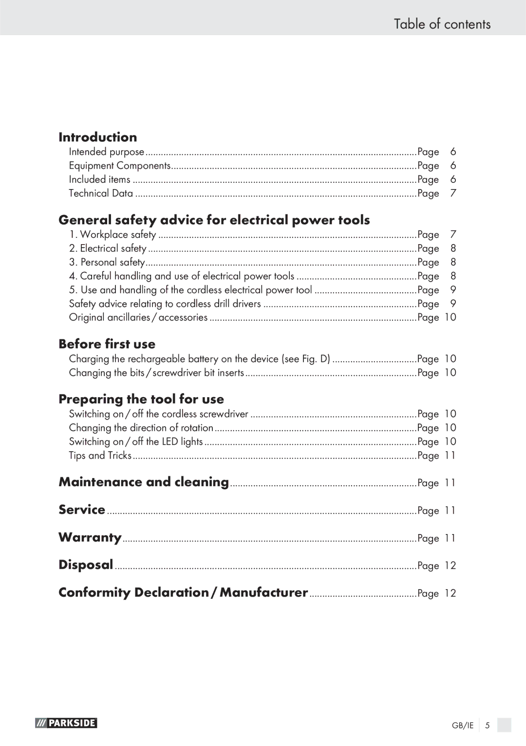 Parkside PAS 3.6 A1 manual Table of contents 