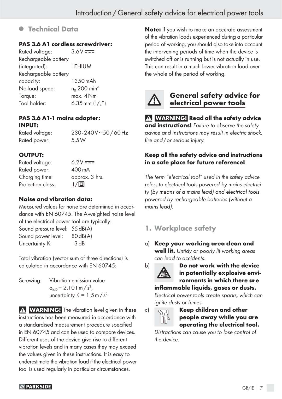 Parkside PAS 3.6 A1 manual Technical Data, Workplace safety 