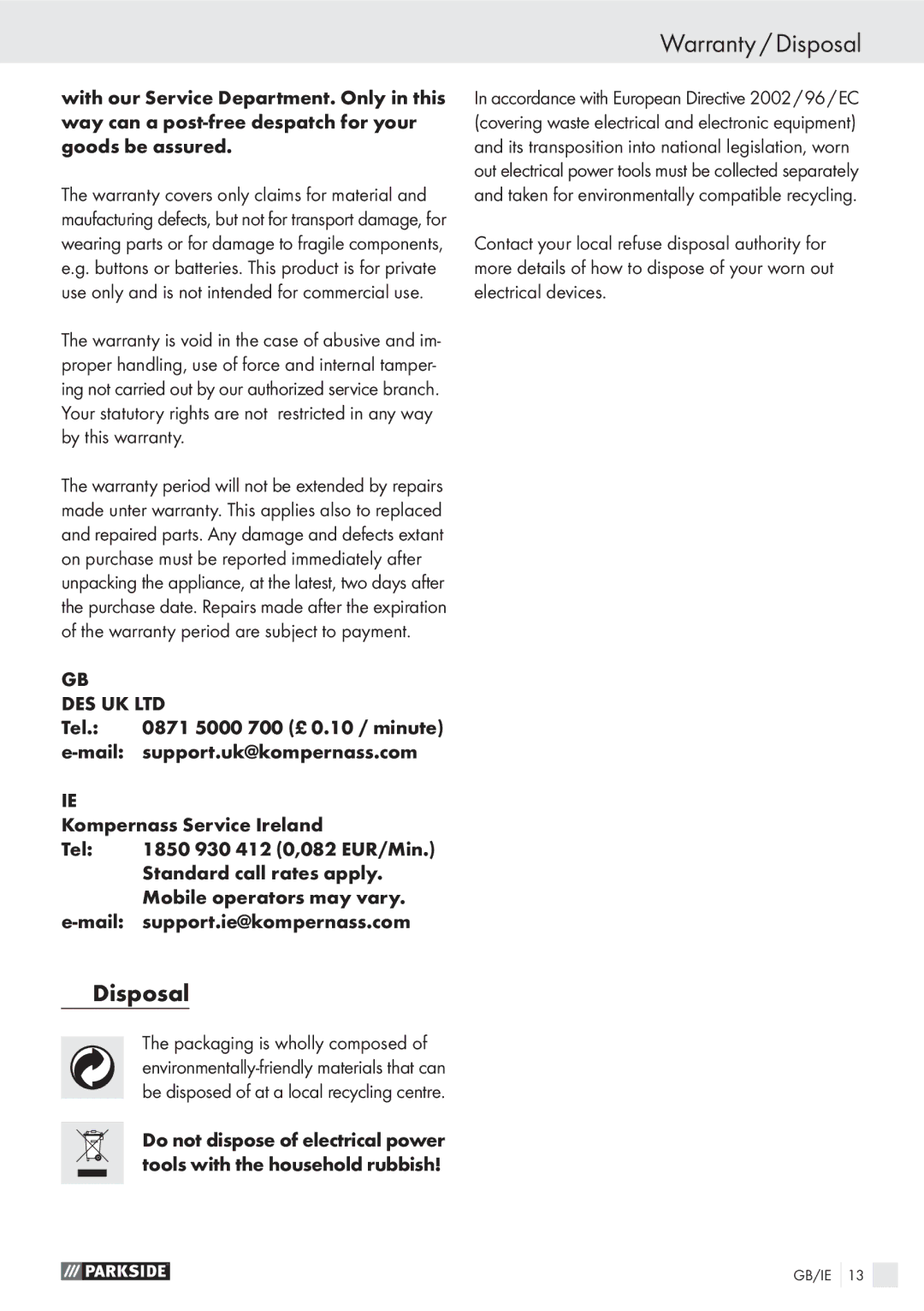 Parkside PBS 600 A1 manual Warranty / Disposal 