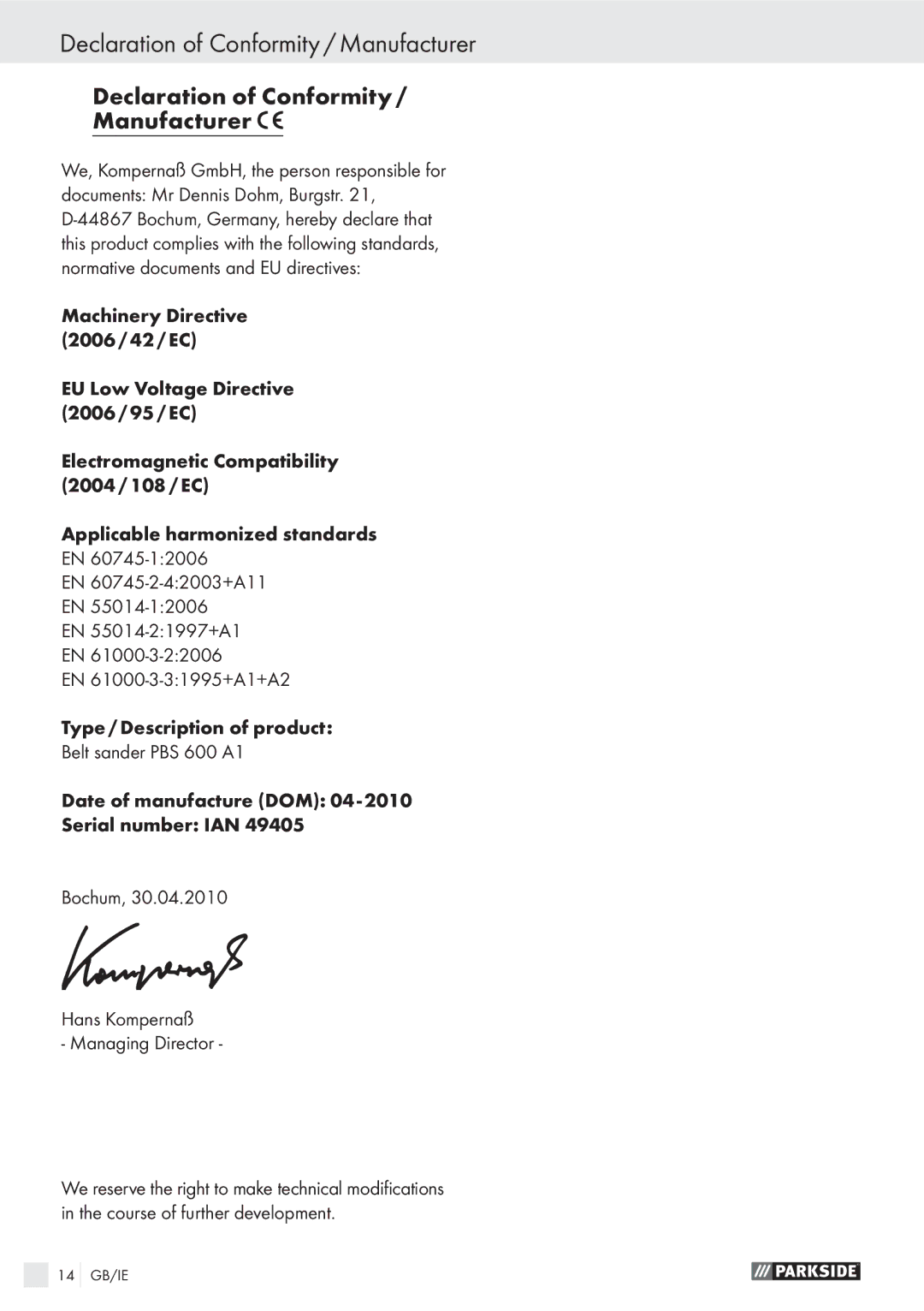 Parkside PBS 600 A1 manual Declaration of Conformity / Manufacturer 