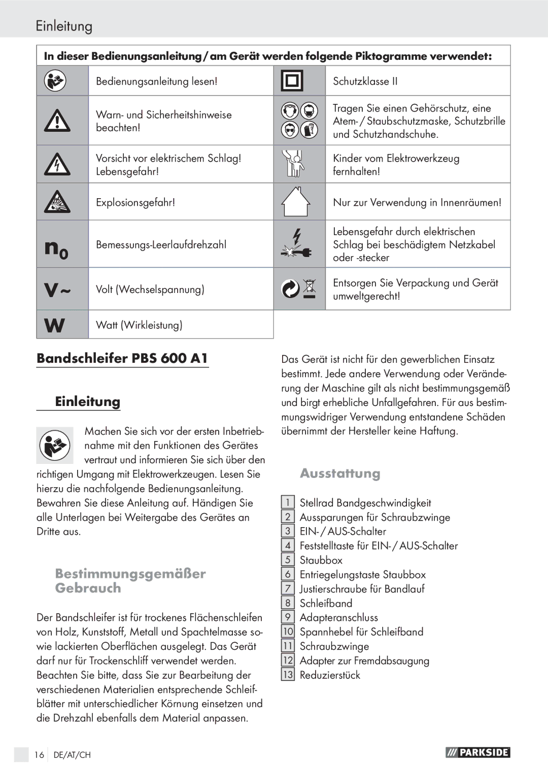 Parkside manual Bandschleifer PBS 600 A1 Einleitung, Ausstattung, Bestimmungsgemäßer Gebrauch 