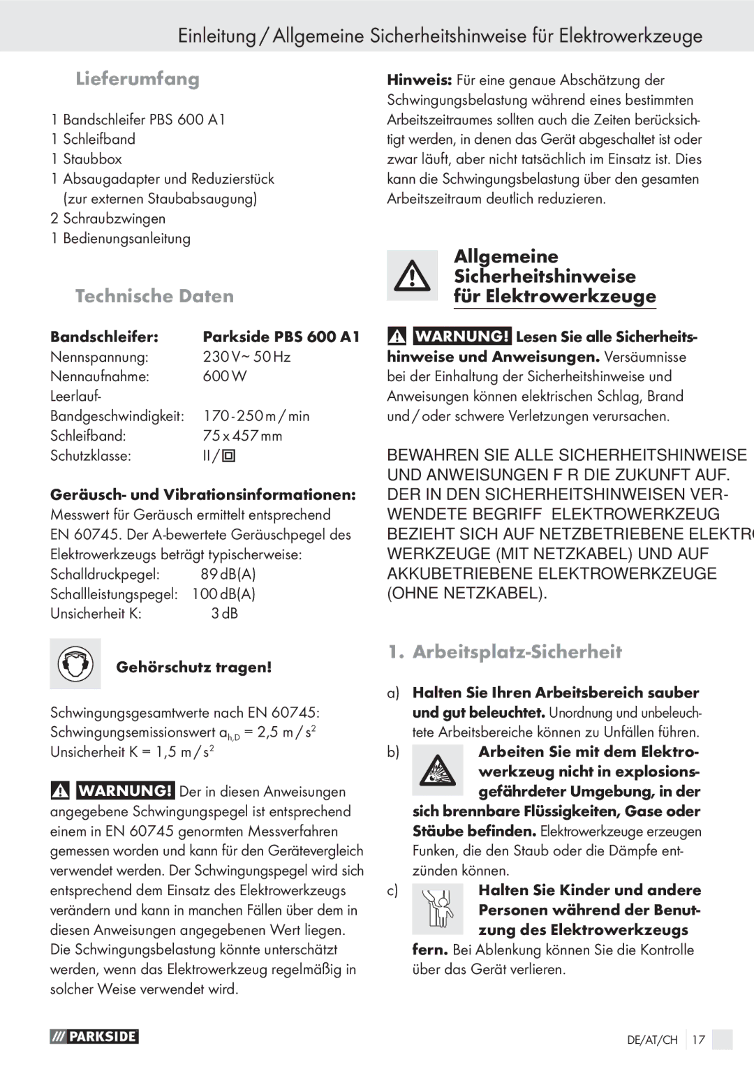 Parkside PBS 600 A1 manual Lieferumfang, Technische Daten, Arbeitsplatz-Sicherheit 