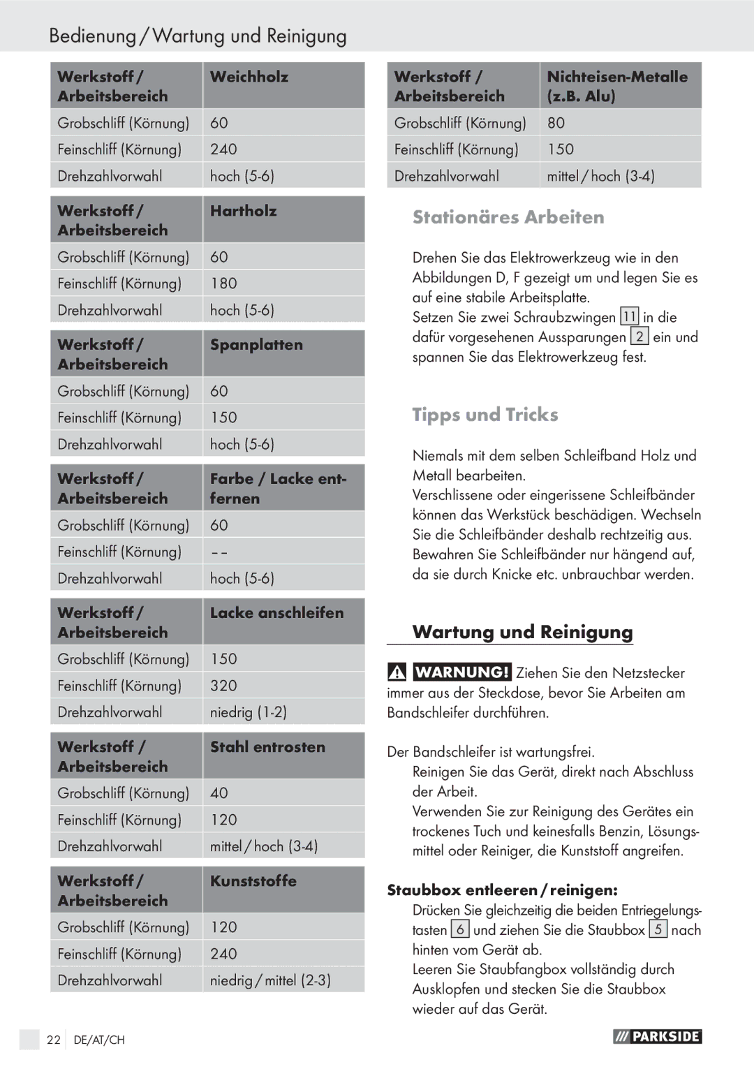 Parkside PBS 600 A1 manual Bedienung / Wartung und Reinigung, Stationäres Arbeiten, Tipps und Tricks 