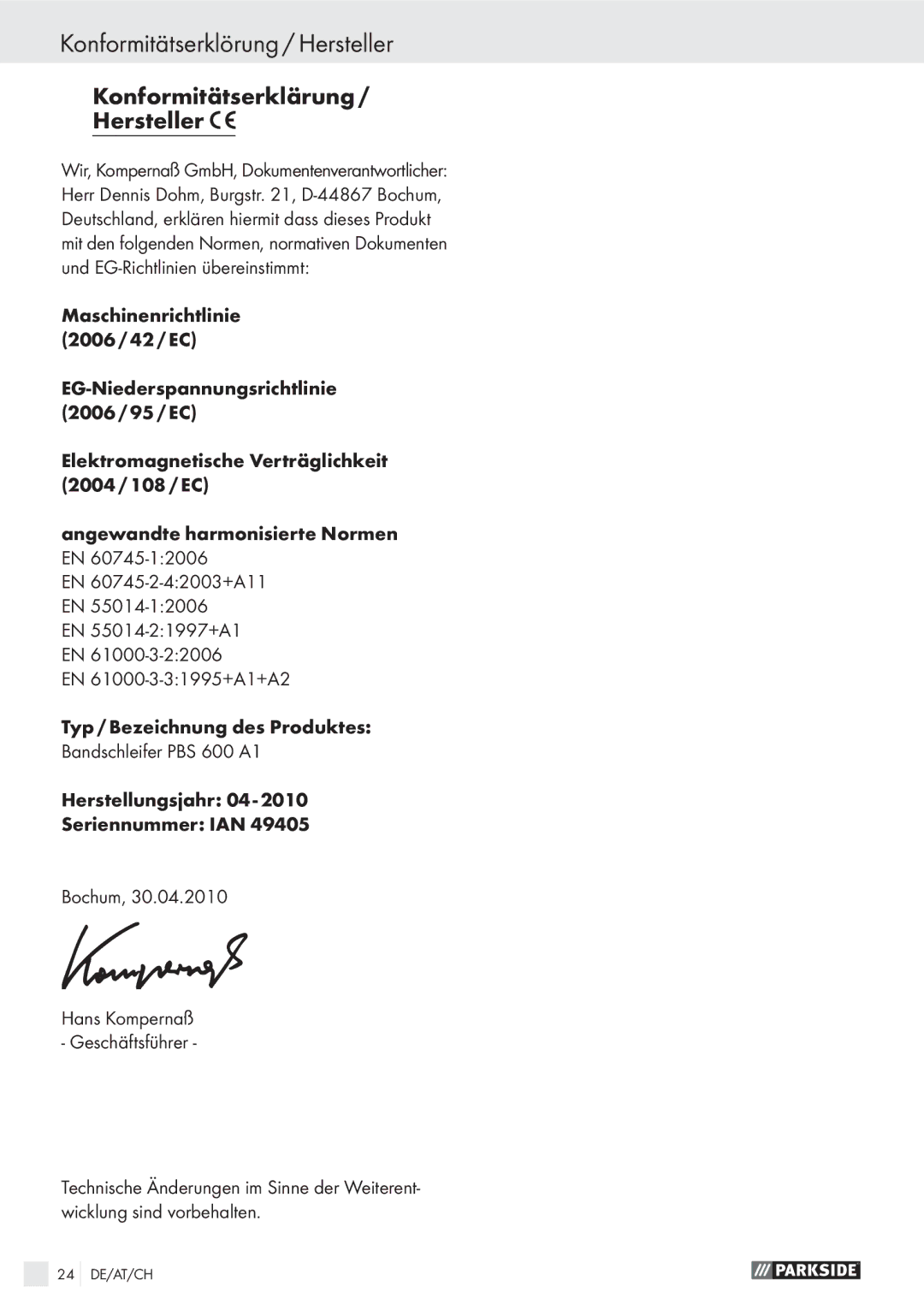 Parkside PBS 600 A1 manual Konformitätserklörung / Hersteller, Konformitätserklärung Hersteller 