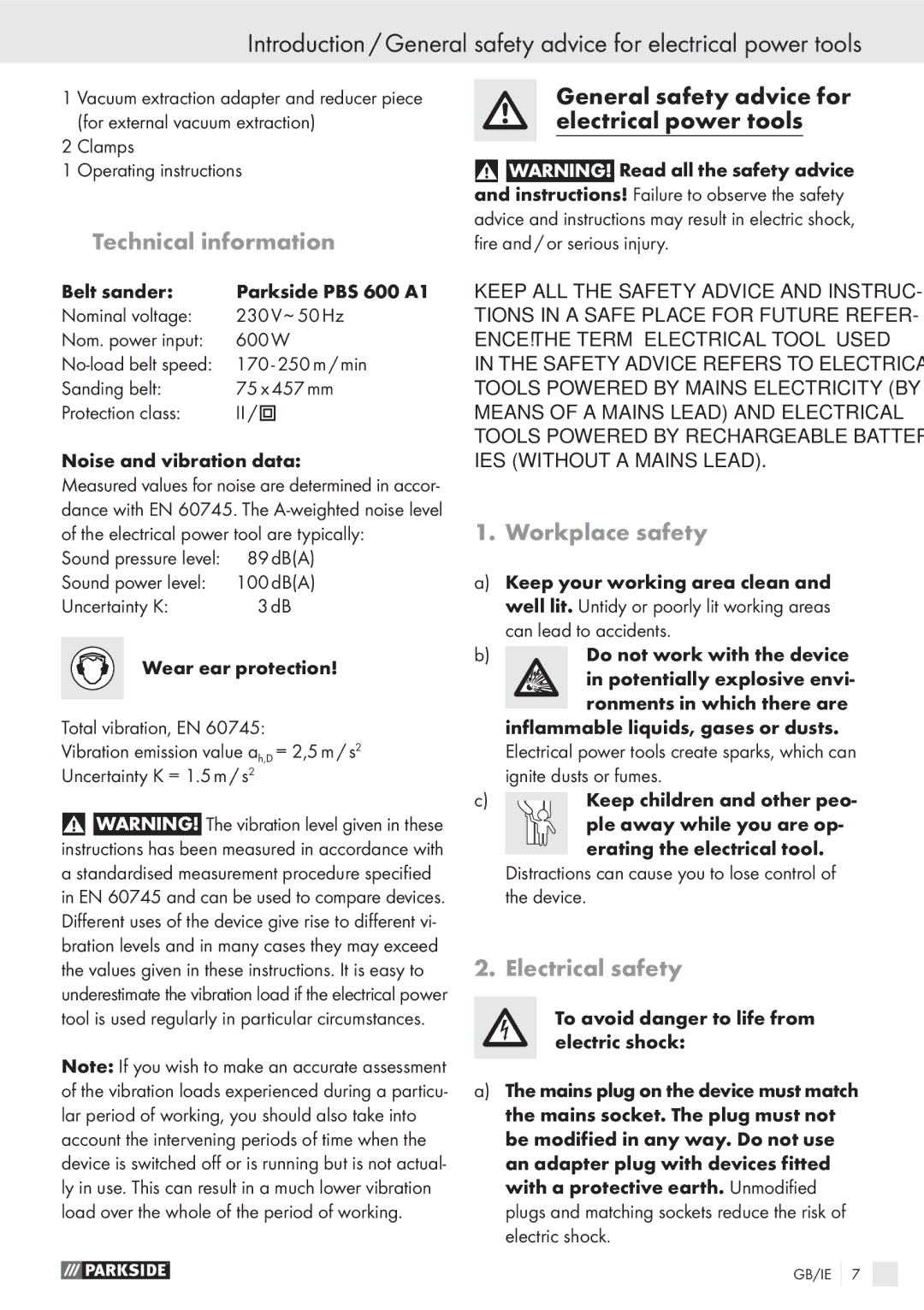 Parkside PBS 600 A1 manual Technical information, Workplace safety, Electrical safety 