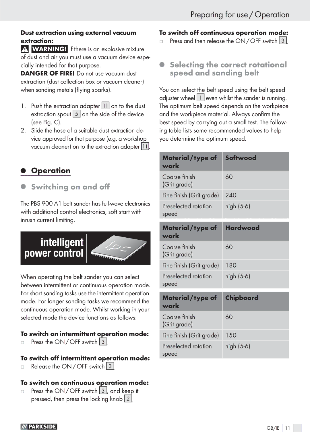 Parkside PBS 900 A1 manual Preparing for use / Operation, Switching on and oﬀ 