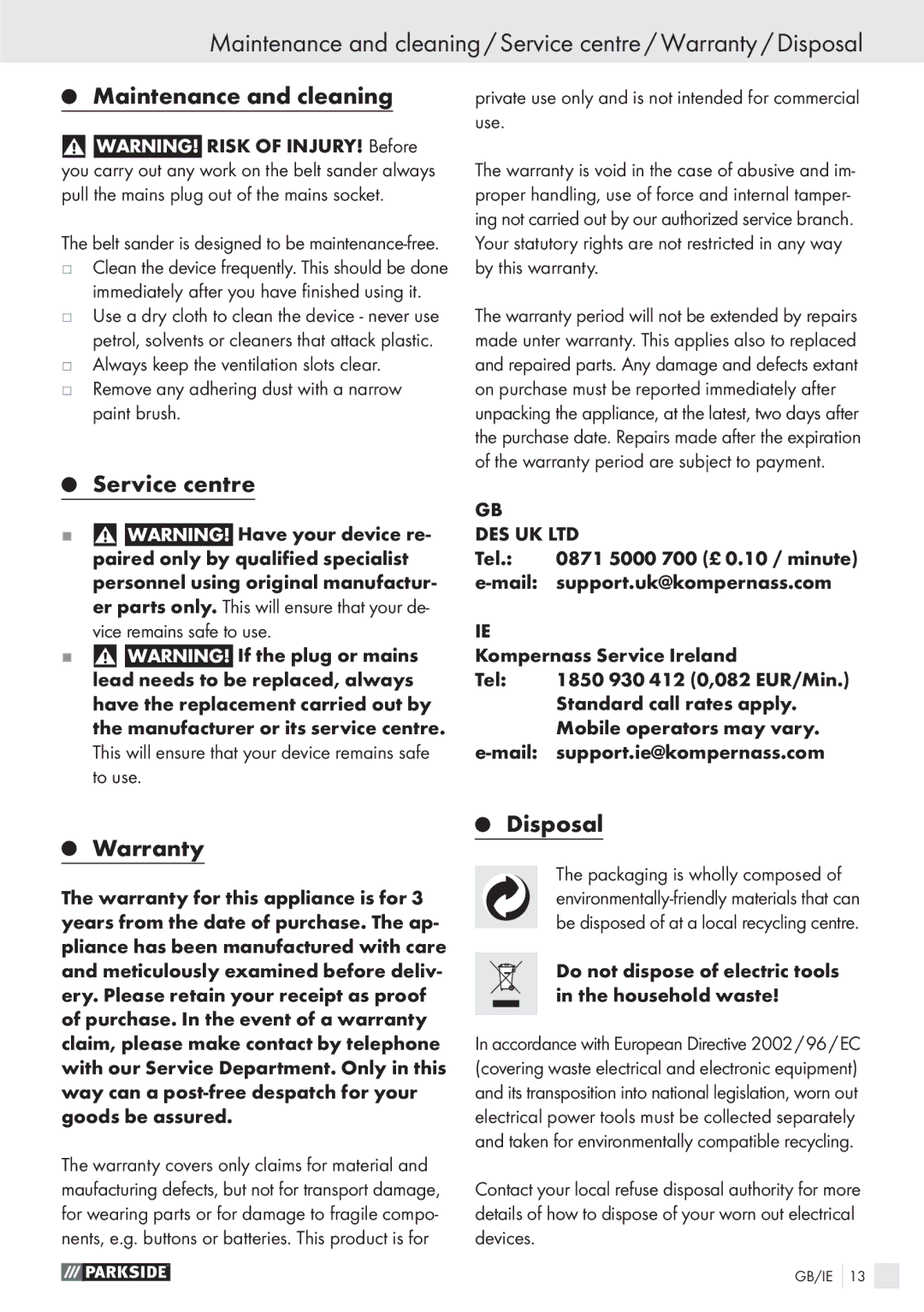Parkside PBS 900 A1 manual Service centre, Warranty, Disposal, Do not dispose of electric tools in the household waste 