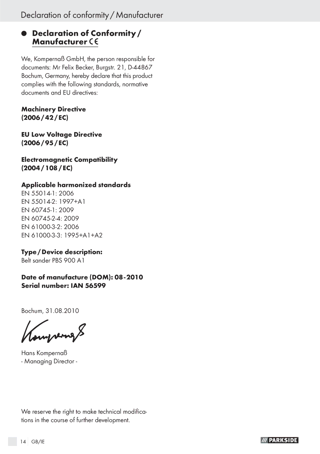 Parkside PBS 900 A1 manual Declaration of conformity / Manufacturer, Declaration of Conformity / Manufacturer 