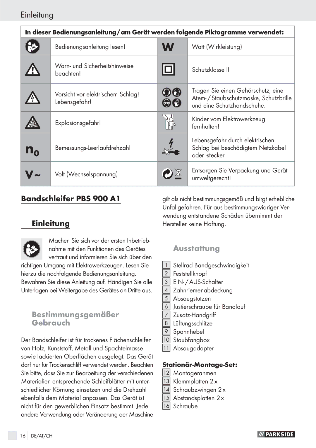 Parkside manual Bandschleifer PBS 900 A1 Einleitung, Ausstattung, Bestimmungsgemäßer Gebrauch 