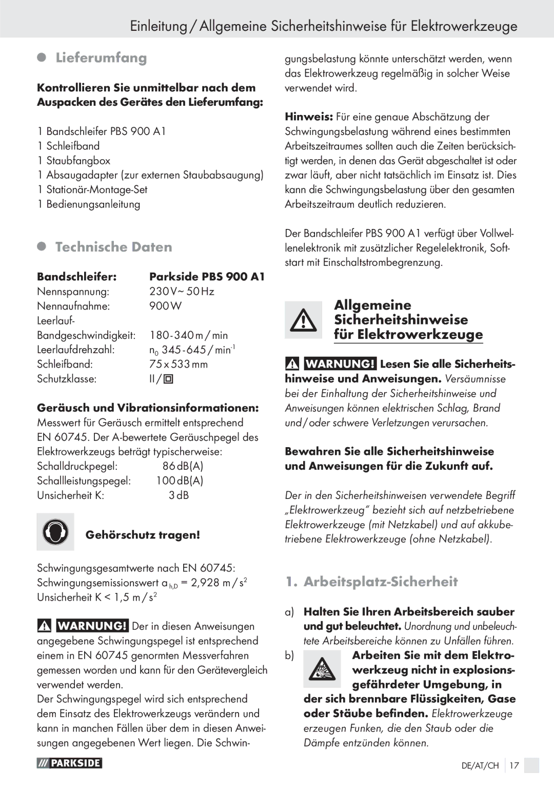 Parkside PBS 900 A1 manual Lieferumfang, Technische Daten, Arbeitsplatz-Sicherheit 