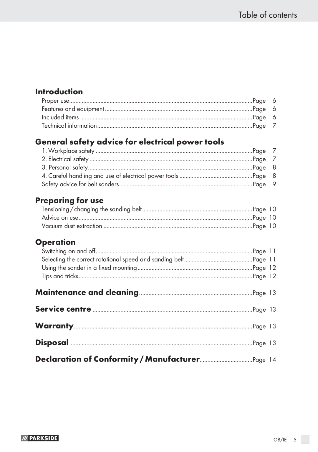 Parkside PBS 900 A1 manual Table of contents 