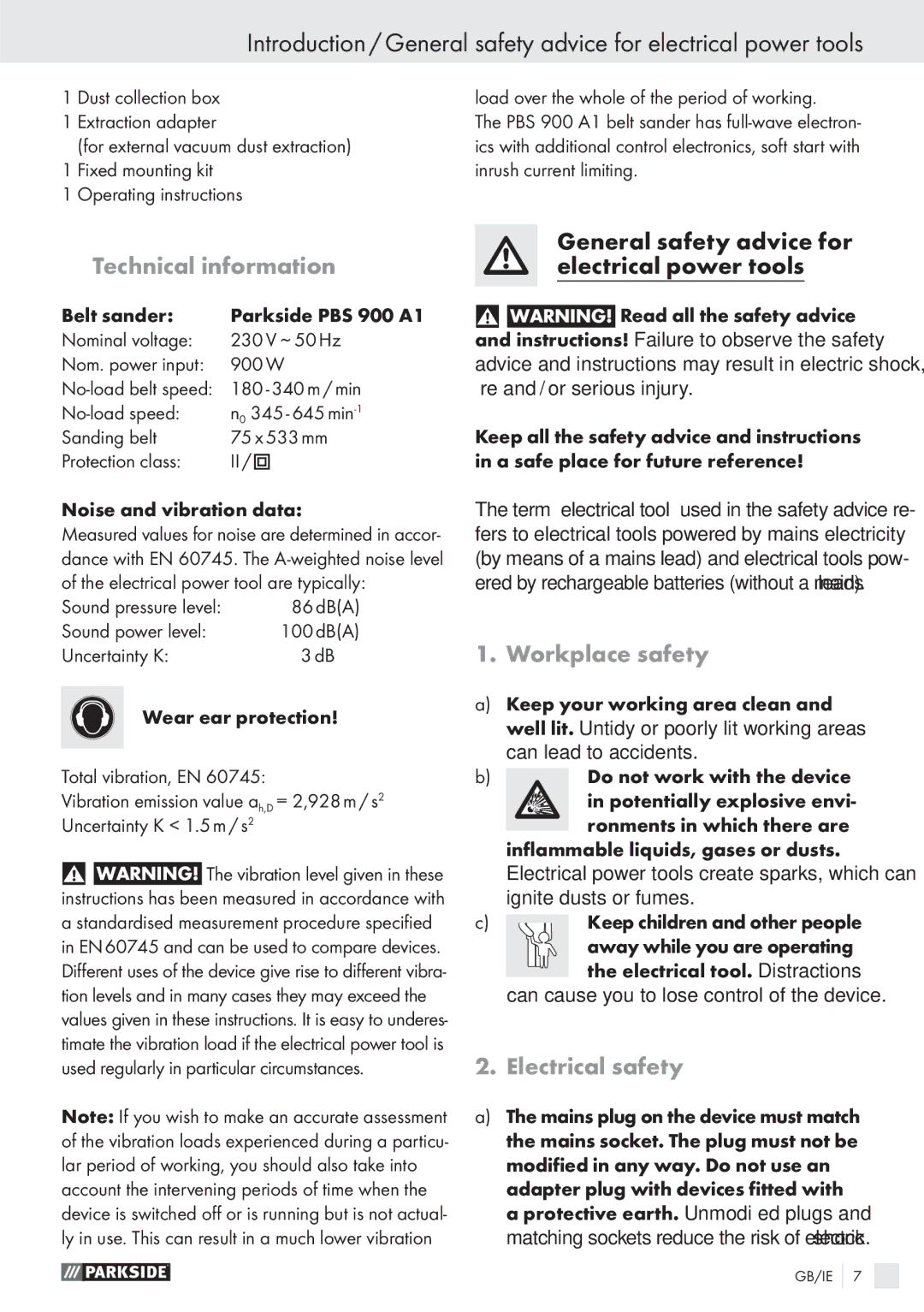 Parkside PBS 900 A1 manual Technical information, Workplace safety, Electrical safety 