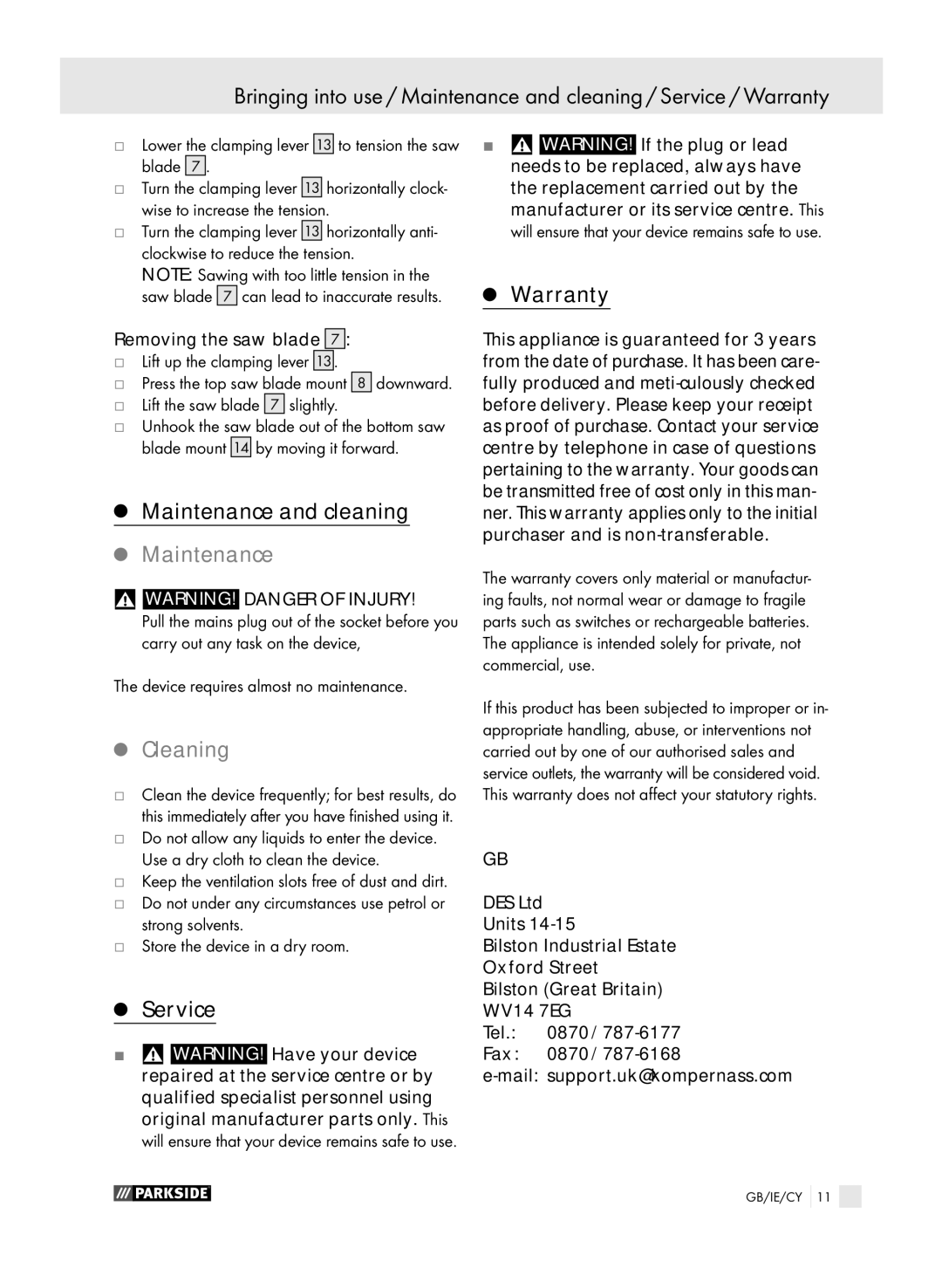 Parkside PDKS 120 manual Maintenance, Cleaning, Service Warranty 