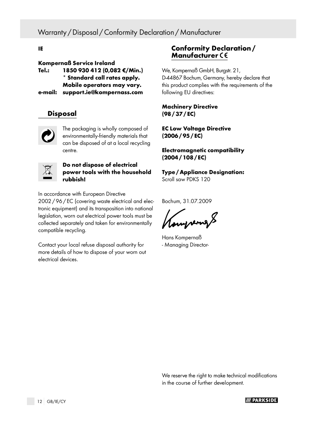 Parkside PDKS 120 manual Warranty / Disposal / Conformity Declaration / Manufacturer, Conformity Declaration / Manufacturer 