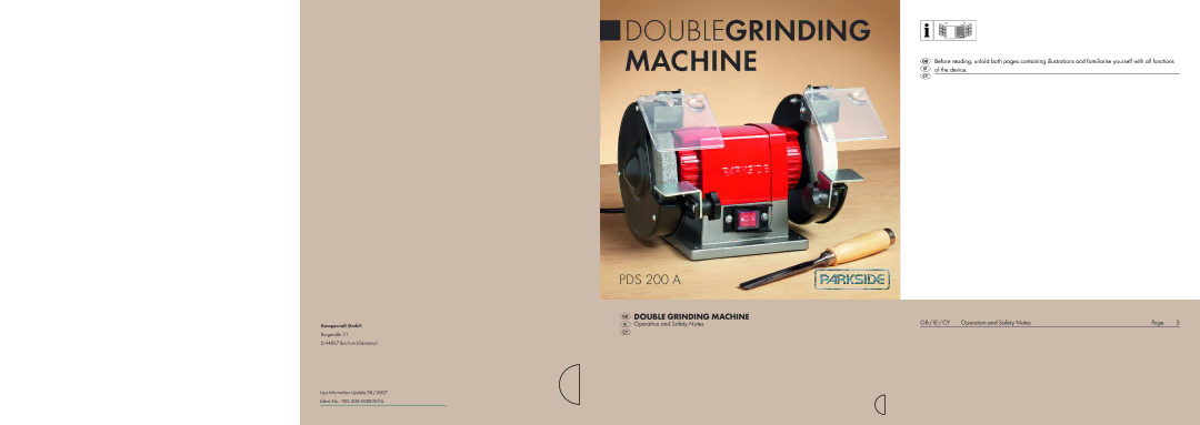 Parkside PDS 200 A manual Double grinding machine, GB / IE / CY Operation and Safety Notes 