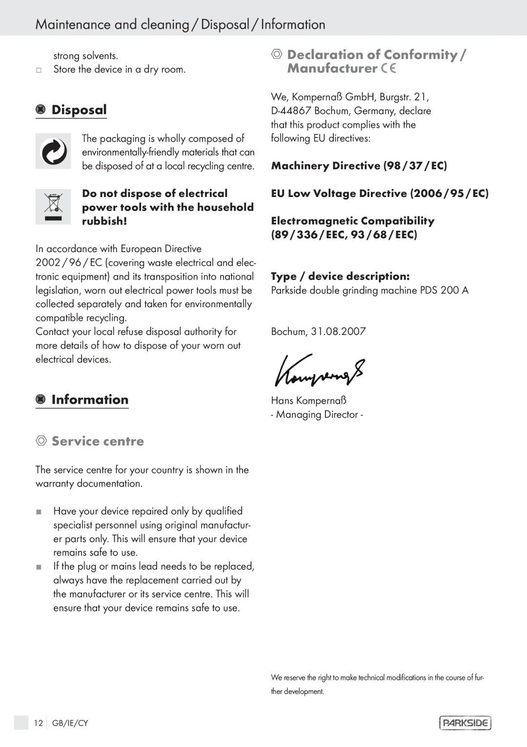 Parkside PDS 200 A manual Maintenance and cleaning / Disposal / Information, Service centre 