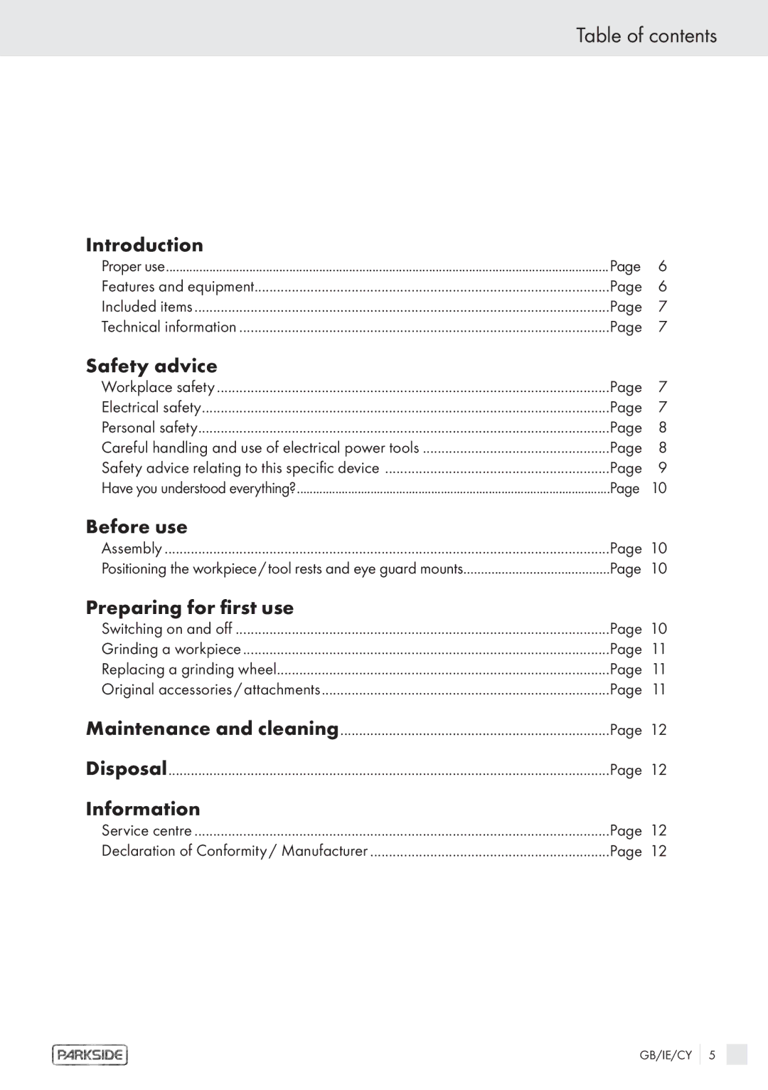 Parkside PDS 200 A manual Table of contents 