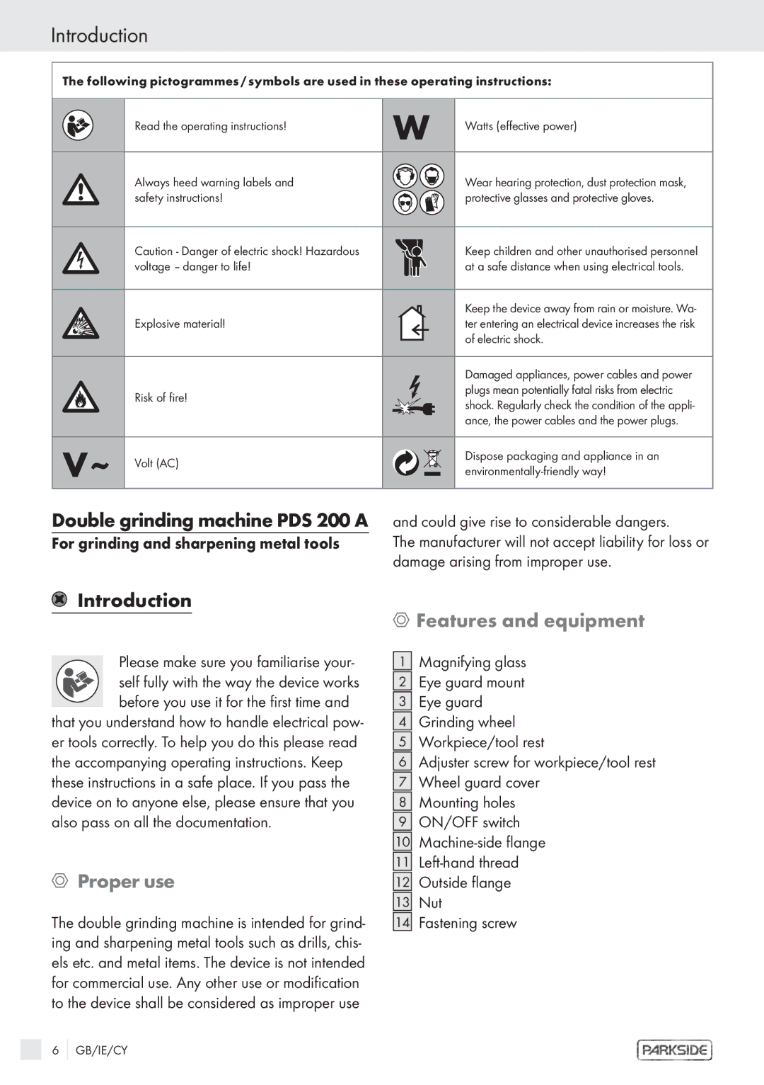 Parkside PDS 200 A manual Introduction, Double grinding machine PDS 200 a, Features and equipment, Proper use 