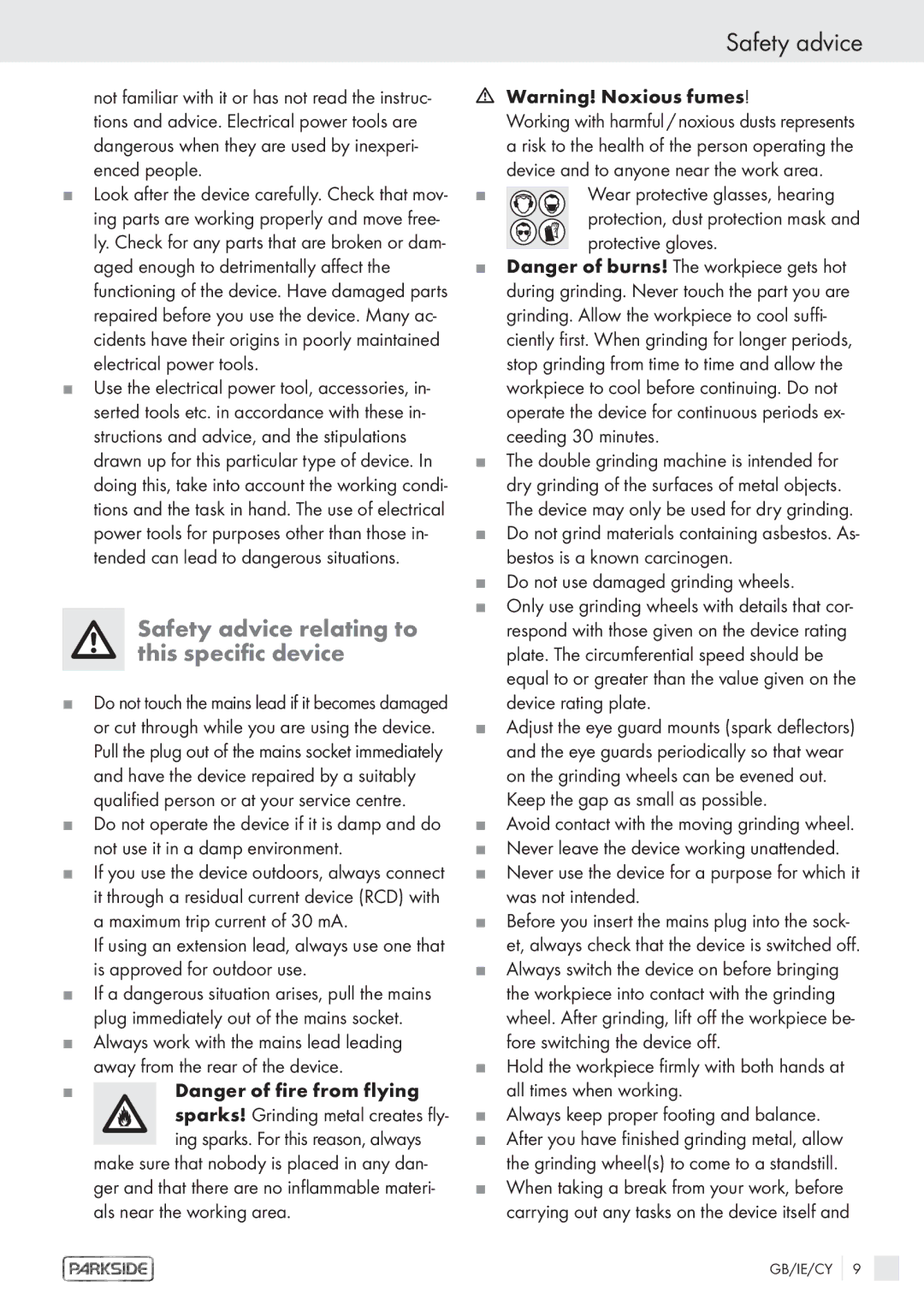 Parkside PDS 200 A manual Safety advice relating to this specific device, Do not use damaged grinding wheels 