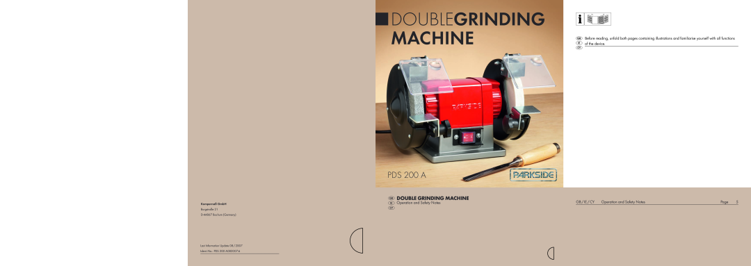 Parkside PDS 200 A manual Double grinding machine, GB / IE / CY Operation and Safety Notes, Page, Doublegrinding Machine 