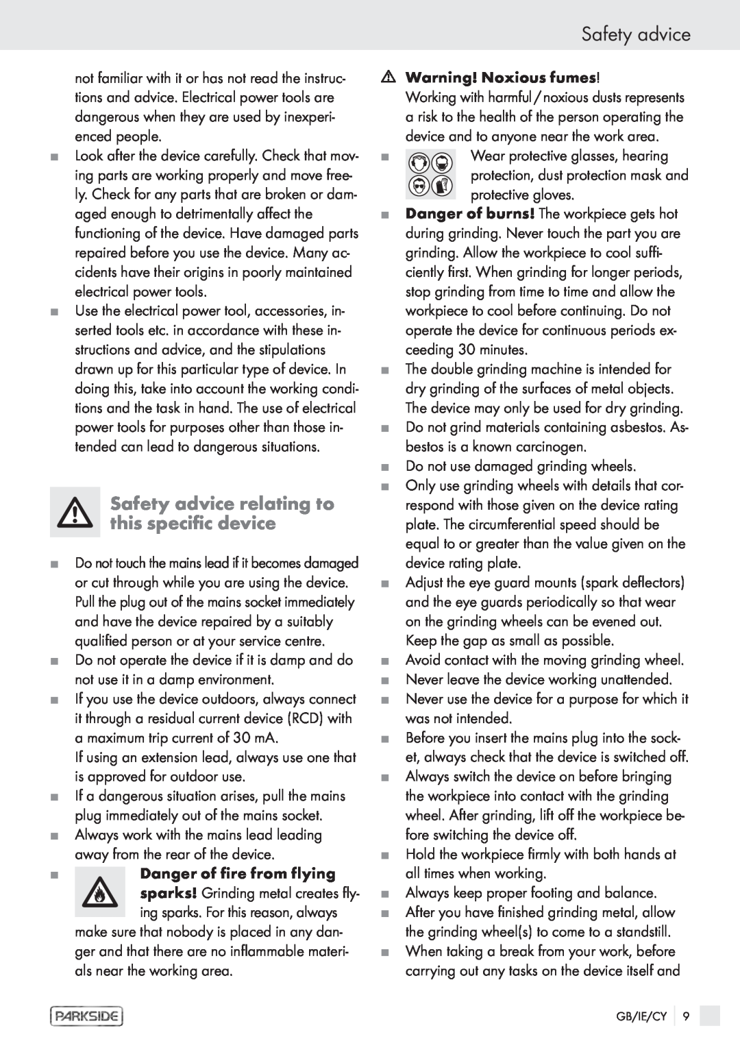 Parkside PDS 200 A manual Safety advice relating to this specific device 