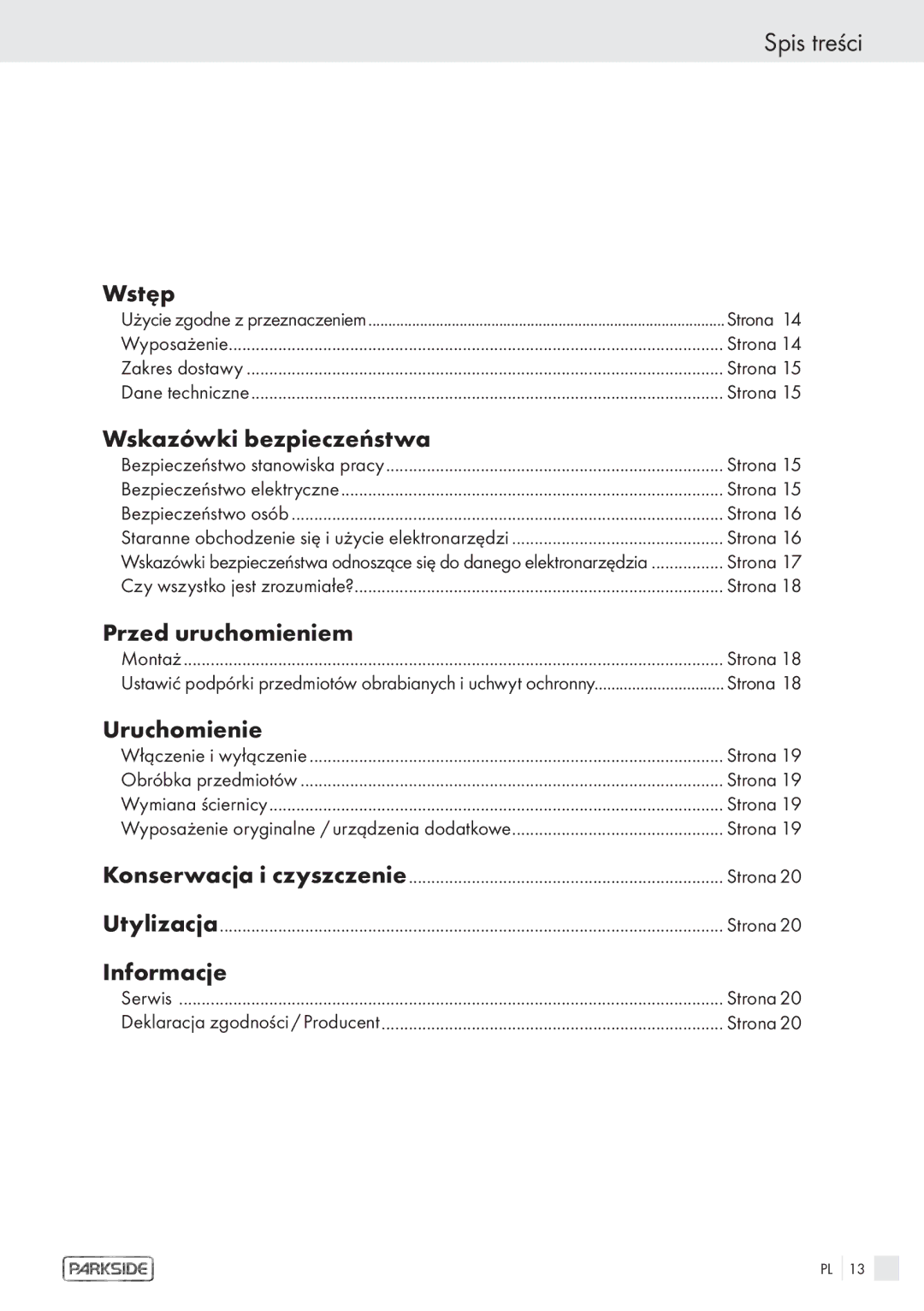 Parkside PDS 200A manual Spis treści 