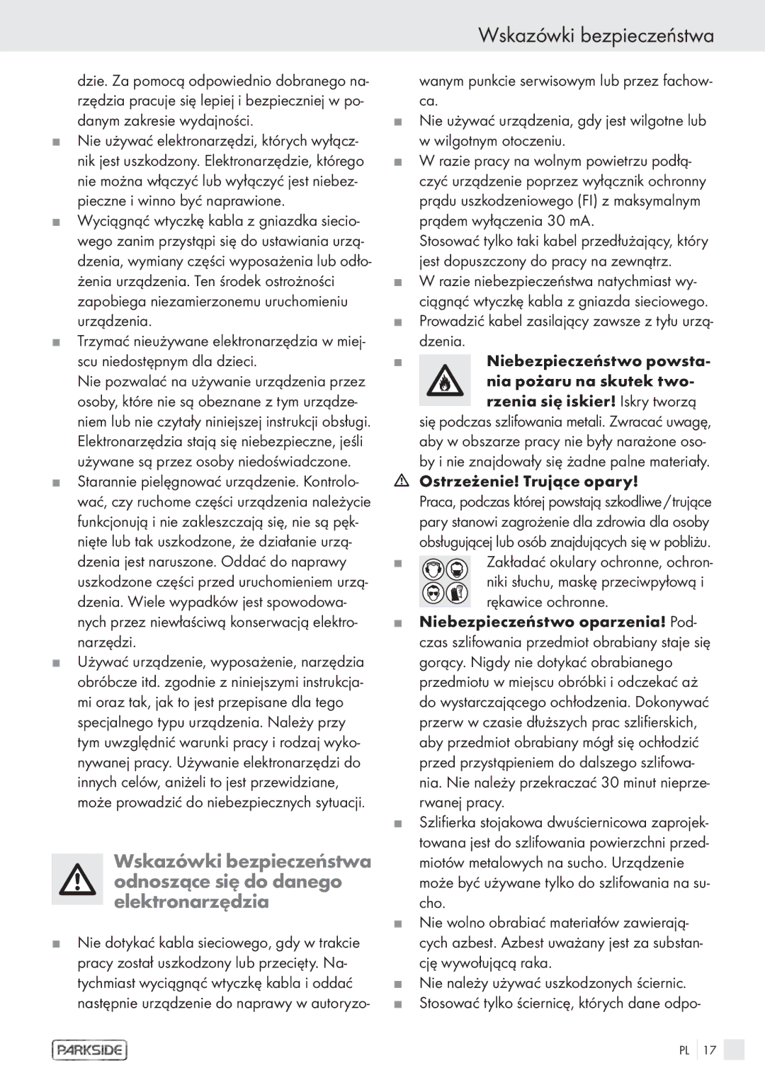 Parkside PDS 200A manual Ostrzeżenie! Trujące opary 