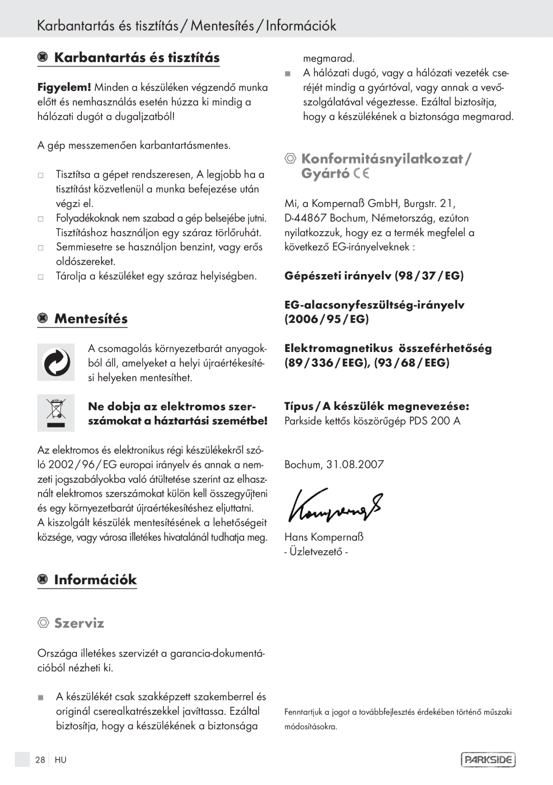 Parkside PDS 200A manual Karbantartás és tisztítás / Mentesítés / Információk, Konformitásnyilatkozat / Gyártó, Szerviz 