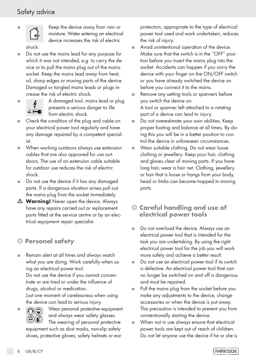 Parkside PDS 200A manual Safety advice, Personal safety, Careful handling and use of electrical power tools, Shock 