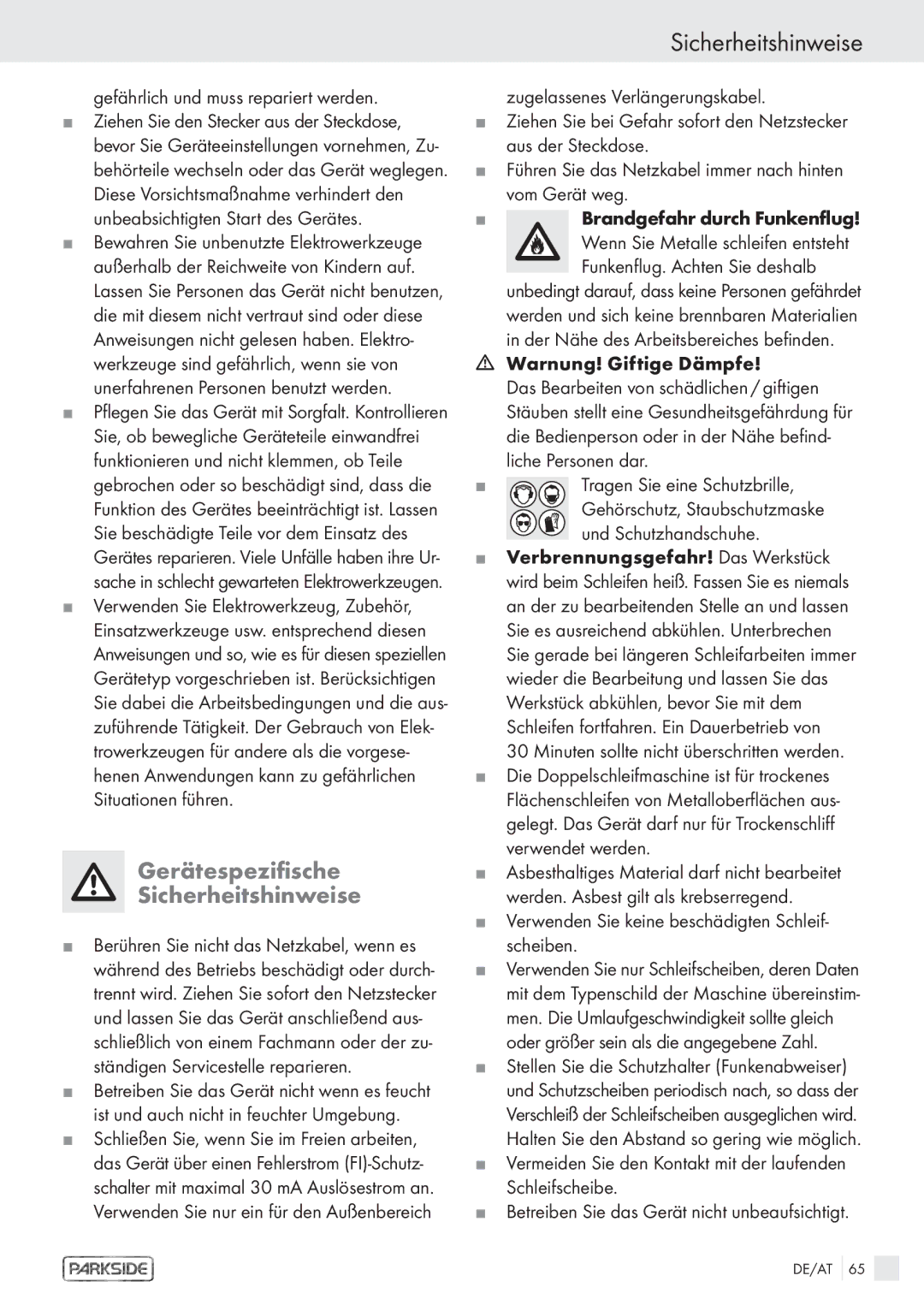 Parkside PDS 200A Gerätespezifische Sicherheitshinweise, Gefährlich und muss repariert werden, Warnung! Giftige Dämpfe 