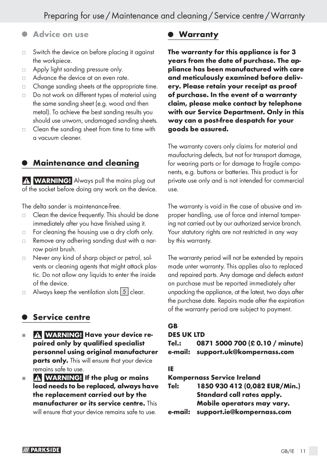 Parkside PDS 290 AI manual Advice on use, Warranty, Maintenance and cleaning, Service centre 