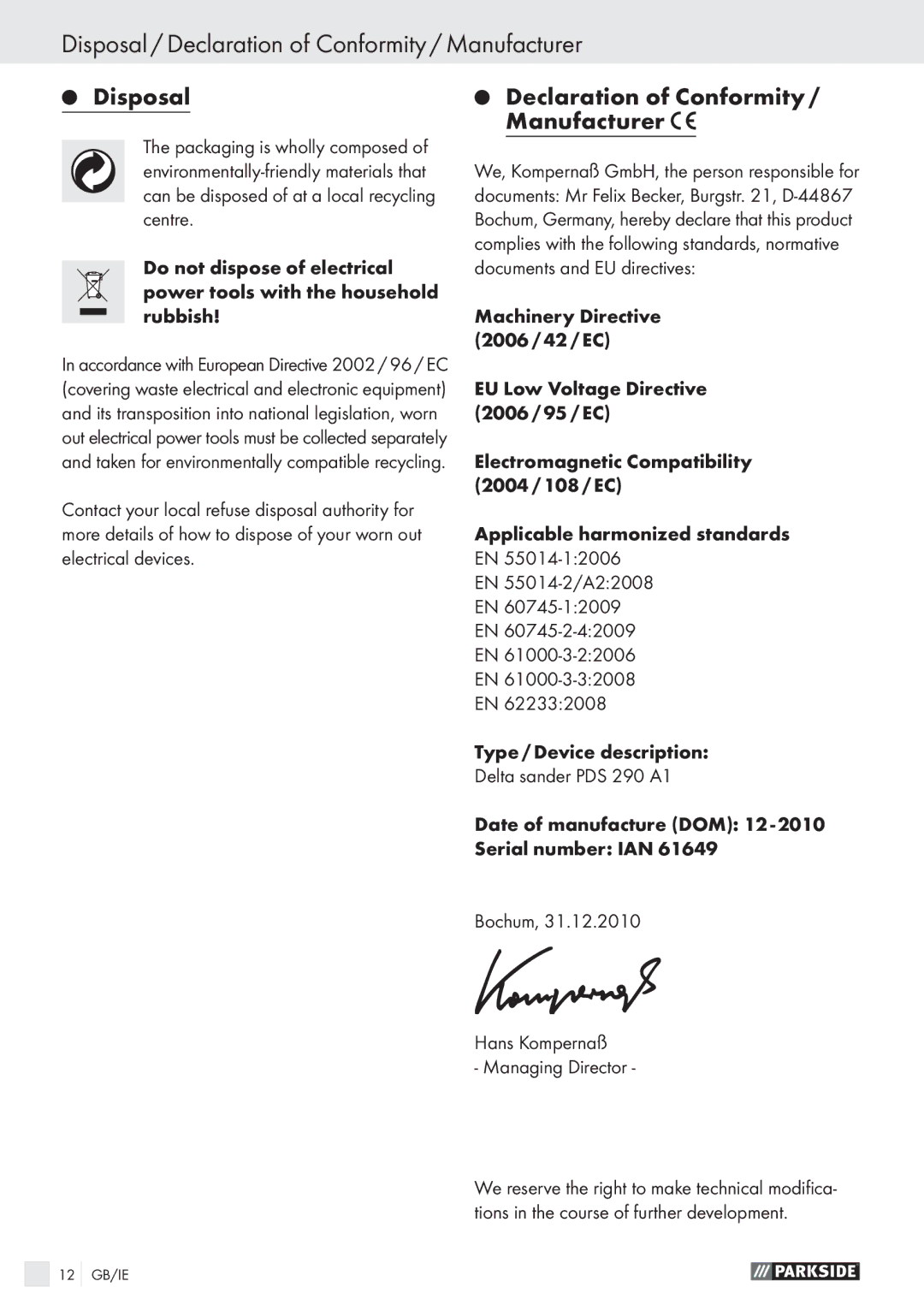 Parkside PDS 290 AI manual Disposal / Declaration of Conformity / Manufacturer 