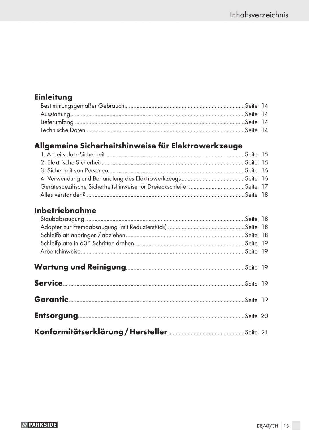 Parkside PDS 290 AI Inhaltsverzeichnis, Einleitung, Allgemeine Sicherheitshinweise für Elektrowerkzeuge, Inbetriebnahme 