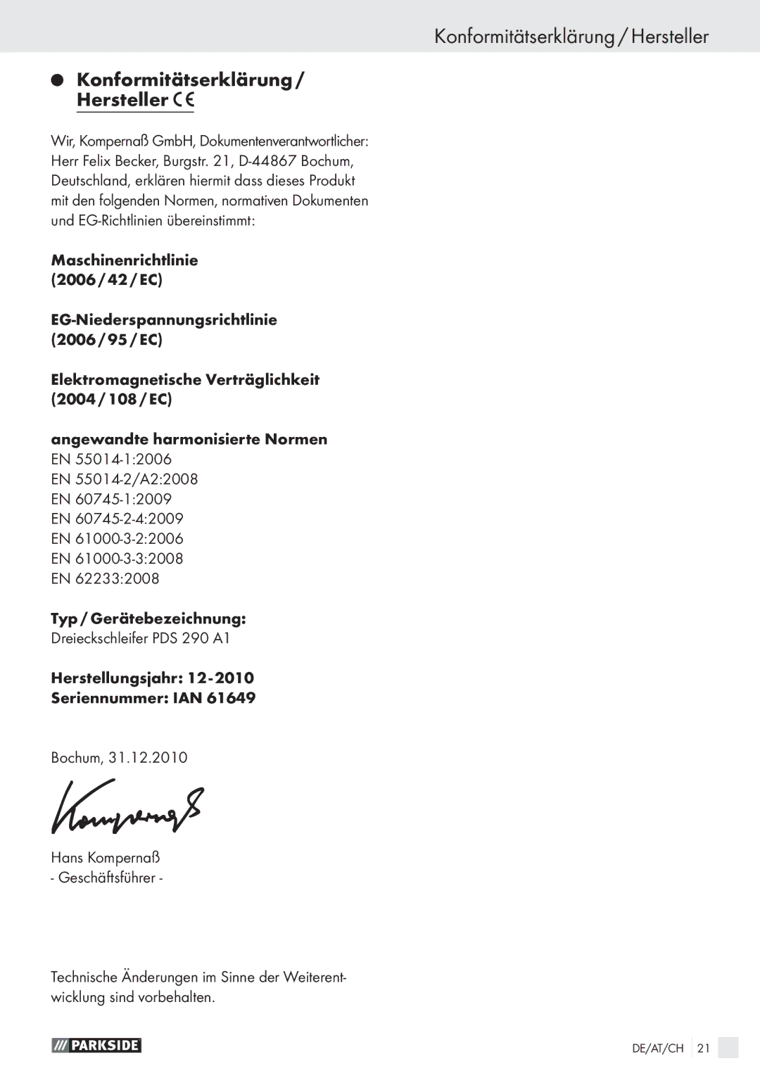 Parkside PDS 290 AI manual Konformitätserklärung / Hersteller, Konformitätserklärung Hersteller 