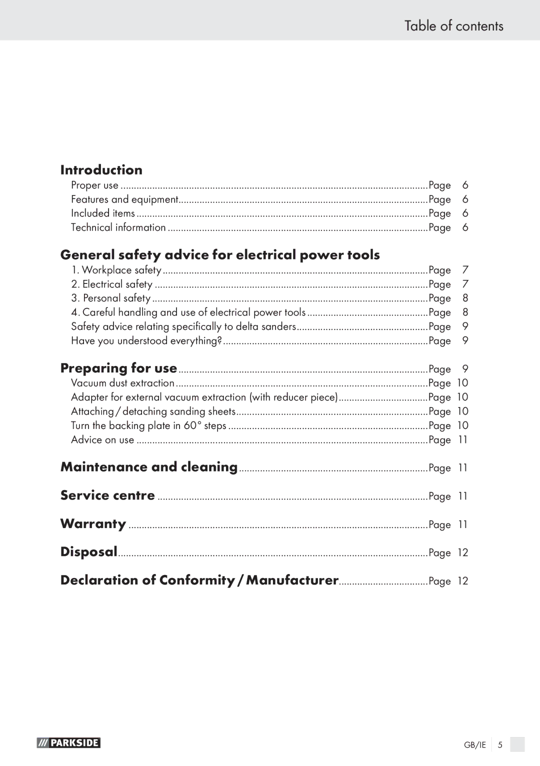 Parkside PDS 290 AI manual Table of contents 