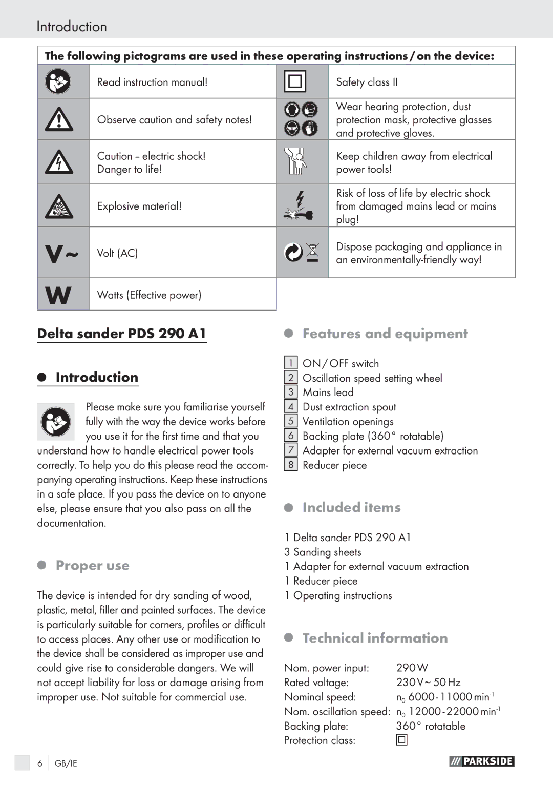 Parkside PDS 290 AI manual Introduction, Features and equipment, Included items, Proper use, Technical information 