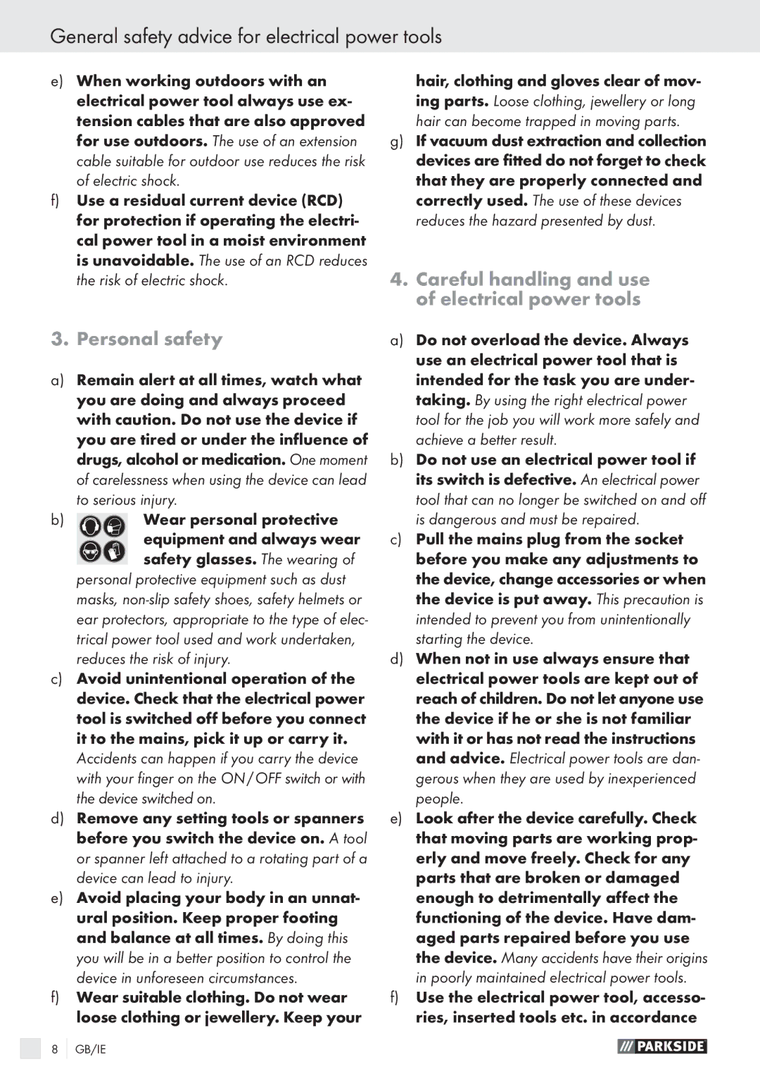 Parkside PDS 290 AI manual General safety advice for electrical power tools, Personal safety 