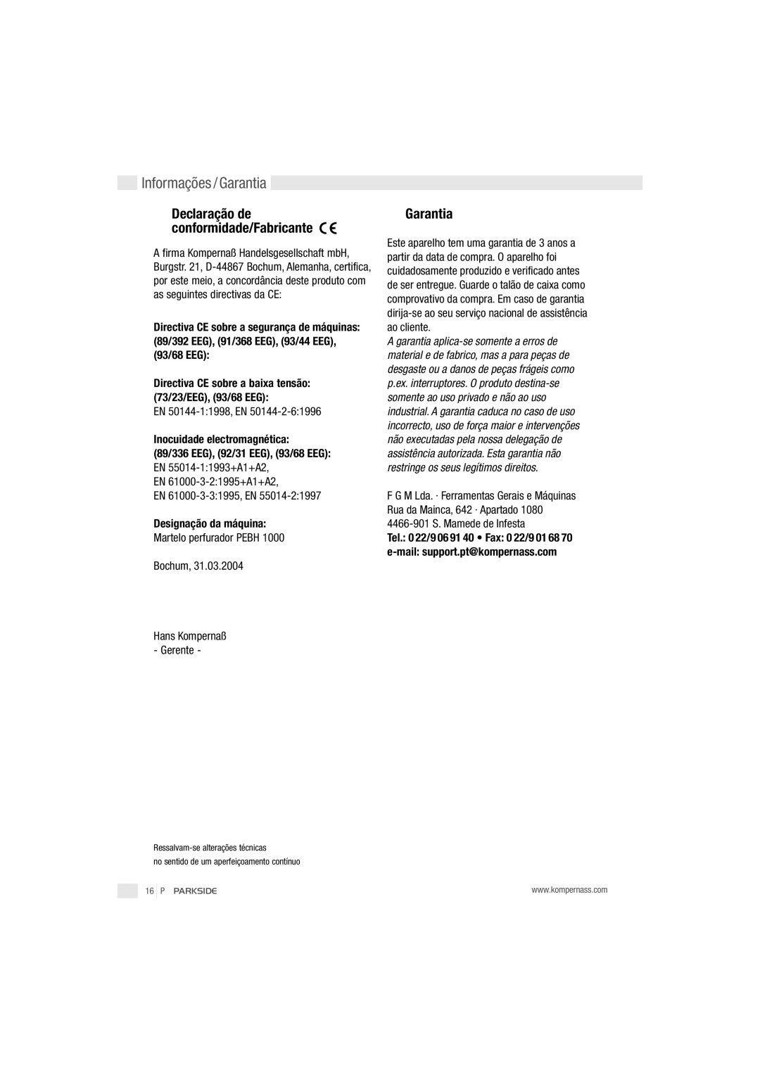 Parkside PEBH 1000 manual Informações / Garantia, Declaração de conformidade/Fabricante, Designação da máquina 