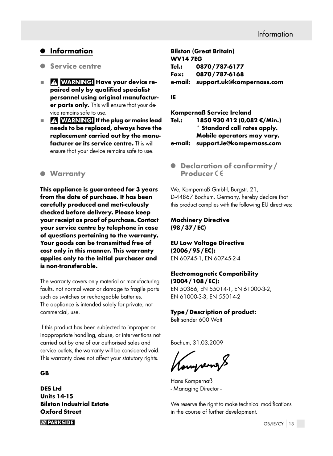 Parkside PEBS 600 manual Information, Service centre, Warranty, Declaration of conformity / Producer 