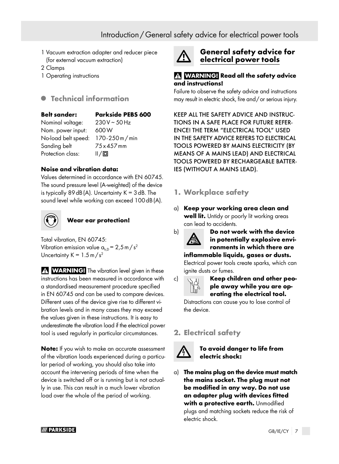 Parkside PEBS 600 manual Technical information, Workplace safety, Electrical safety 