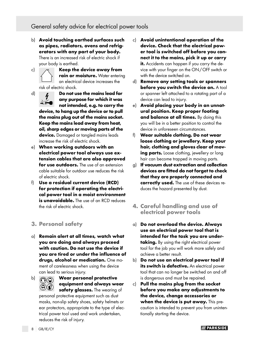 Parkside PEBS 600 manual General safety advice for electrical power tools, Personal safety, Risk of electric shock 